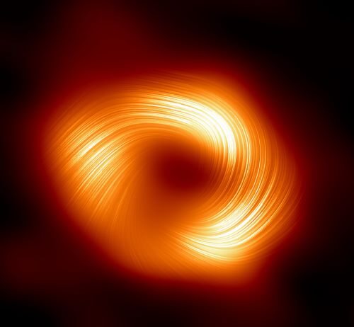 Prima immagine di intensi campi magnetici avvolti a spirale del buco nero Sagittarius A* Questa nuova immagine ha svelato la presenza di campi magnetici forti e organizzati che si sviluppano a spirale dal margine del buco nero al cuore della Via Lattea.