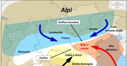 I tornado nella Pianura Padana e la dinamica del “punto triplo” È il cosiddetto “punto triplo”, cioè la confluenza di tre masse d’aria: umida, secca e più fredda.